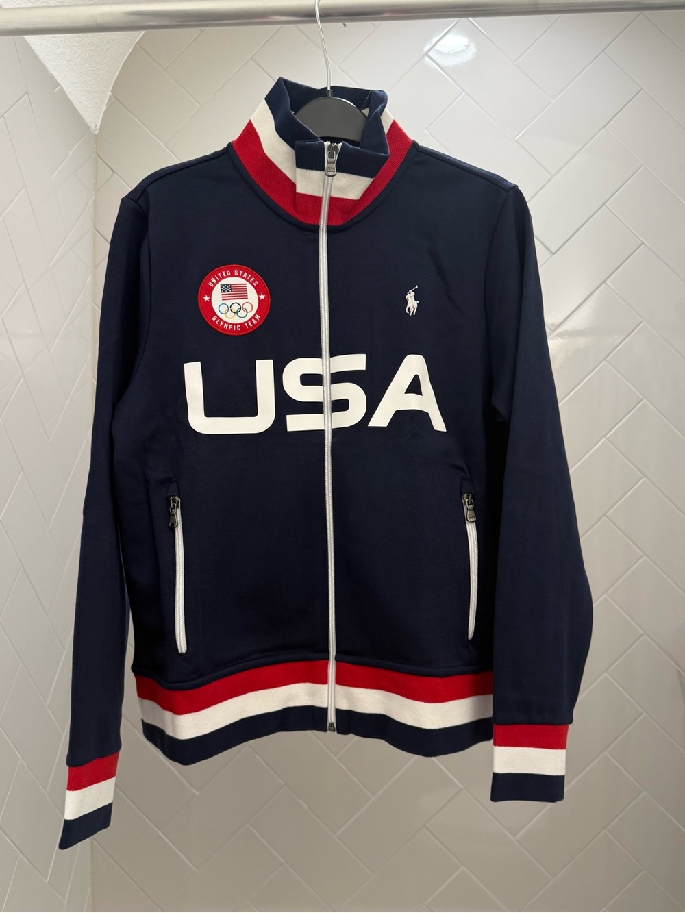 Polo by Ralph Lauren Navy USA Olympic Zip-Up Track Jacket with Red & White Trim